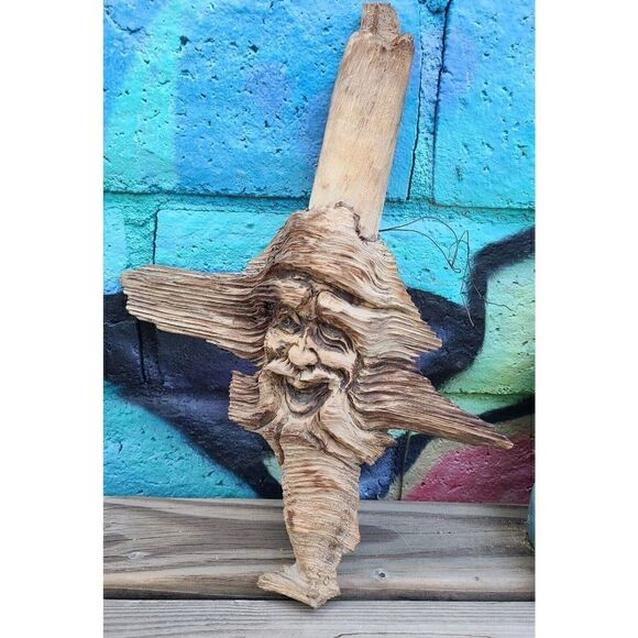 VTG 80s Carved Wood Old Man Signed Sylvia 14.5" Tall Wood Carving Yard Art EUC - Picture 1 of 11